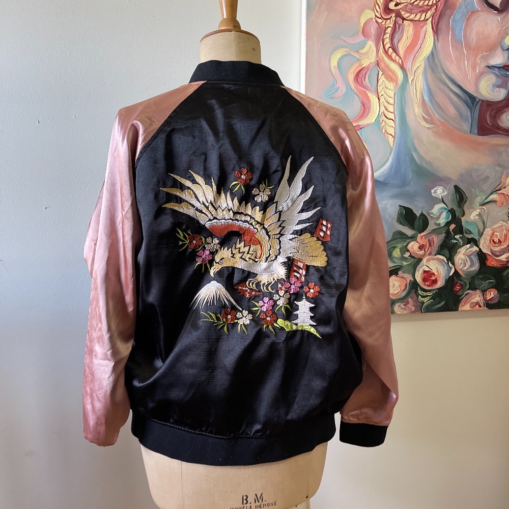 Embroidered bird and flower bomber jacket